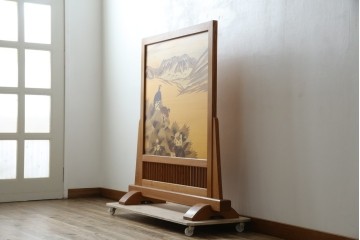 中古　最高級　枠総欅(ケヤキ)材　木象嵌作家　朴木立堂　立山に雷鳥図の衝立　定価推定約150万円相当　(R-084941)