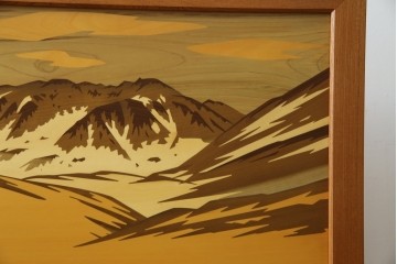 中古　最高級　枠総欅(ケヤキ)材　木象嵌作家　朴木立堂　立山に雷鳥図の衝立　定価推定約150万円相当　(R-084941)