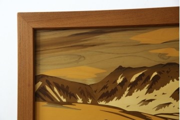 中古　最高級　枠総欅(ケヤキ)材　木象嵌作家　朴木立堂　立山に雷鳥図の衝立　定価推定約150万円相当　(R-084941)