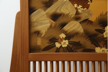 中古　最高級　枠総欅(ケヤキ)材　木象嵌作家　朴木立堂　立山に雷鳥図の衝立　定価推定約150万円相当　(R-084941)