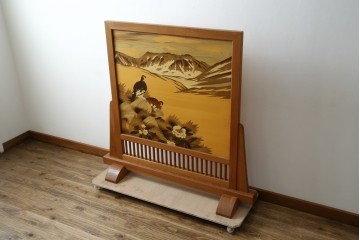 中古　最高級　枠総欅(ケヤキ)材　木象嵌作家　朴木立堂　立山に雷鳥図の衝立　定価推定約150万円相当　(R-084941)
