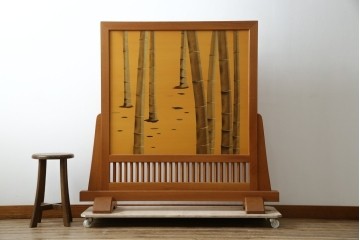 中古　最高級　枠総欅(ケヤキ)材　木象嵌作家　朴木立堂　立山に雷鳥図の衝立　定価推定約150万円相当　(R-084941)