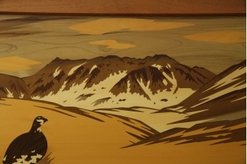 中古　最高級　枠総欅(ケヤキ)材　木象嵌作家　朴木立堂　立山に雷鳥図の衝立　定価推定約150万円相当　(R-084941)