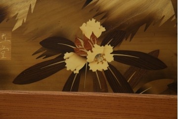 中古　最高級　枠総欅(ケヤキ)材　木象嵌作家　朴木立堂　立山に雷鳥図の衝立　定価推定約150万円相当　(R-084941)