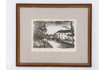 真作　直筆サイン入り　1876～1958年モーリス・ド・ヴラマンク作　リトグラフ　「風景」　外箱付き　(R-084959)