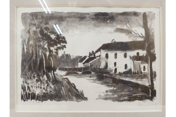 真作　直筆サイン入り　1876～1958年モーリス・ド・ヴラマンク作　リトグラフ　「風景」　外箱付き　(R-084959)