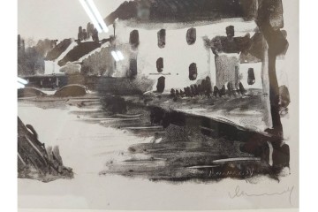 真作　直筆サイン入り　1876～1958年モーリス・ド・ヴラマンク作　リトグラフ　「風景」　外箱付き　(R-084959)