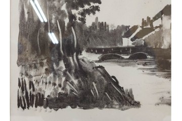 真作　直筆サイン入り　1876～1958年モーリス・ド・ヴラマンク作　リトグラフ　「風景」　外箱付き　(R-084959)