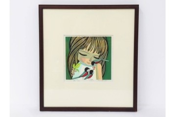 真作　サイン入り　1986年池田修三作　「あかいとり」　木版画　(R-084963)