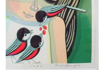 真作　サイン入り　1986年池田修三作　「あかいとり」　木版画　(R-084963)