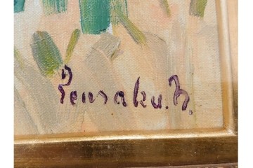 真作　サイン入り　中村善策　P8(8号)　「信濃路の秋」　色彩豊かに描かれた油彩絵画　(R-084964)