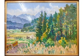 真作　サイン入り　中村善策　P8(8号)　「信濃路の秋」　色彩豊かに描かれた油彩絵画　(R-084964)