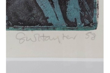 真作　1958年作　サイン入り　スタンリー・ウィリアム・ヘイター(Stanley William Hayter)　「Meduse(メデュース)」　重なり合う線描と色彩表現が印象的な銅版画　外箱付き　(R-084969)