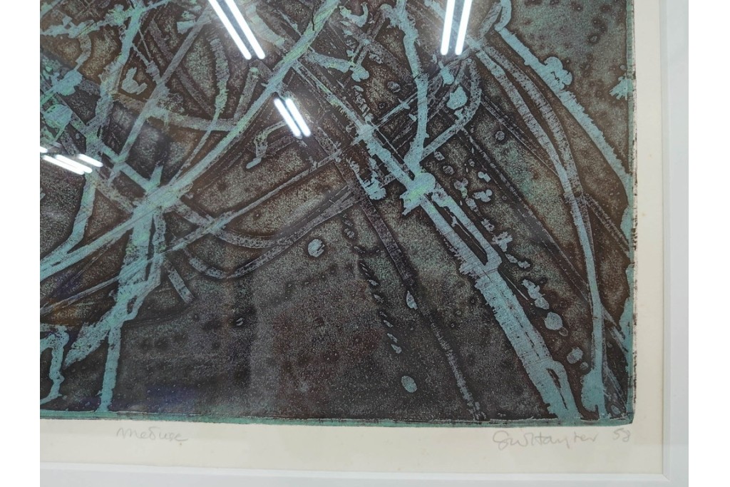 真作　1958年作　サイン入り　スタンリー・ウィリアム・ヘイター(Stanley William Hayter)　「Meduse(メデュース)」　重なり合う線描と色彩表現が印象的な銅版画　外箱付き　(R-084969)