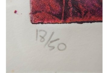 真作　サイン入り　1963年作　スタンリー・ウィリアム・ヘイター(Stanley William Hayter)　18/50　「Red Flow(レッド・フロー)」赤を基調とした色彩と流動的な線表現が印象的な銅版画　外箱付き　(R-084970)