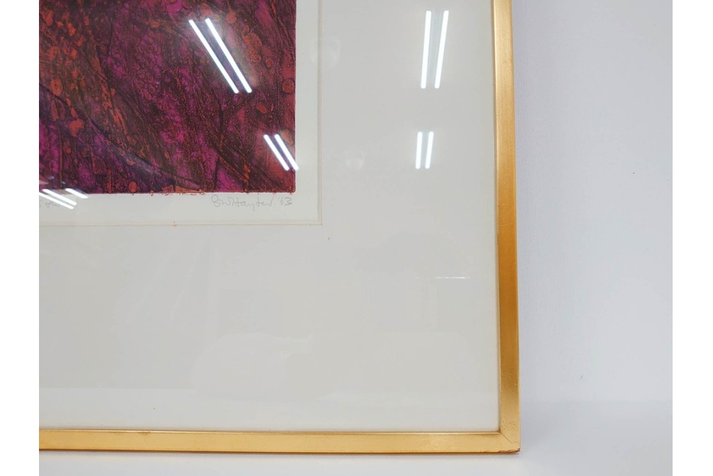 真作　サイン入り　1963年作　スタンリー・ウィリアム・ヘイター(Stanley William Hayter)　18/50　「Red Flow(レッド・フロー)」赤を基調とした色彩と流動的な線表現が印象的な銅版画　外箱付き　(R-084970)