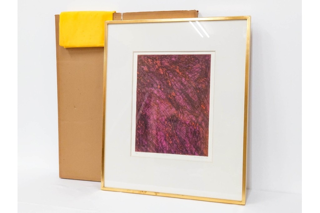 真作　サイン入り　1963年作　スタンリー・ウィリアム・ヘイター(Stanley William Hayter)　18/50　「Red Flow(レッド・フロー)」赤を基調とした色彩と流動的な線表現が印象的な銅版画　外箱付き　(R-084970)