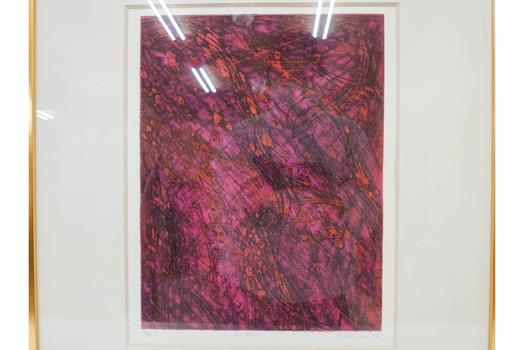 真作　サイン入り　1963年作　スタンリー・ウィリアム・ヘイター(Stanley William Hayter)　18/50　「Red Flow(レッド・フロー)」赤を基調とした色彩と流動的な線表現が印象的な銅版画　外箱付き　(R-084970)