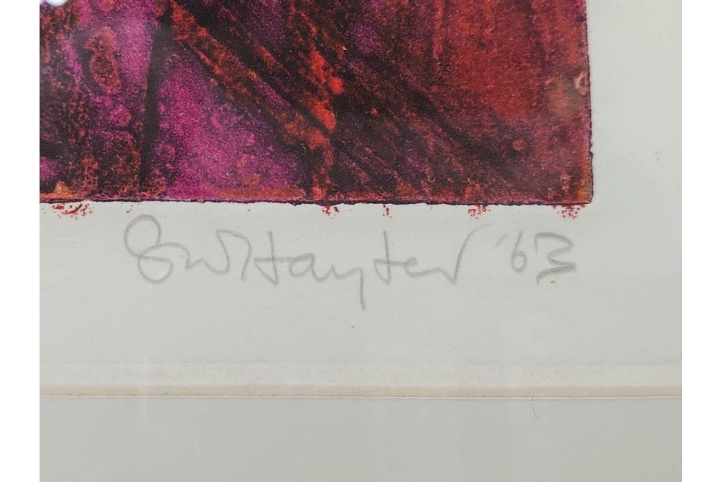 真作　サイン入り　1963年作　スタンリー・ウィリアム・ヘイター(Stanley William Hayter)　18/50　「Red Flow(レッド・フロー)」赤を基調とした色彩と流動的な線表現が印象的な銅版画　外箱付き　(R-084970)