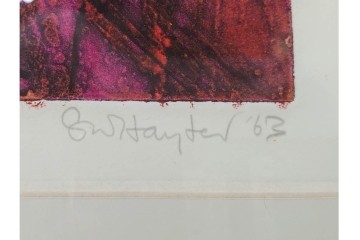 真作　サイン入り　1963年作　スタンリー・ウィリアム・ヘイター(Stanley William Hayter)　18/50　「Red Flow(レッド・フロー)」赤を基調とした色彩と流動的な線表現が印象的な銅版画　外箱付き　(R-084970)