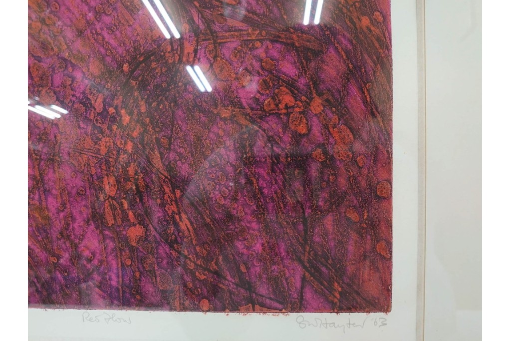 真作　サイン入り　1963年作　スタンリー・ウィリアム・ヘイター(Stanley William Hayter)　18/50　「Red Flow(レッド・フロー)」赤を基調とした色彩と流動的な線表現が印象的な銅版画　外箱付き　(R-084970)