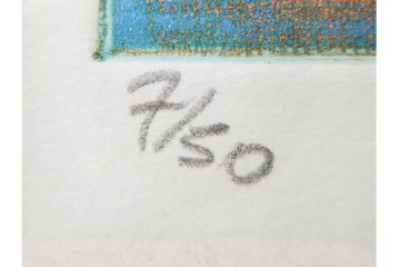 真作　サイン入り　1985年作　スタンリー・ウィリアム・ヘイター(Stanley William Hayter)　7/50　「Sagittarius(サジタリウス)」　鮮やかな色面と躍動的な線描が印象的な銅版画　外箱付き　(R-084971)