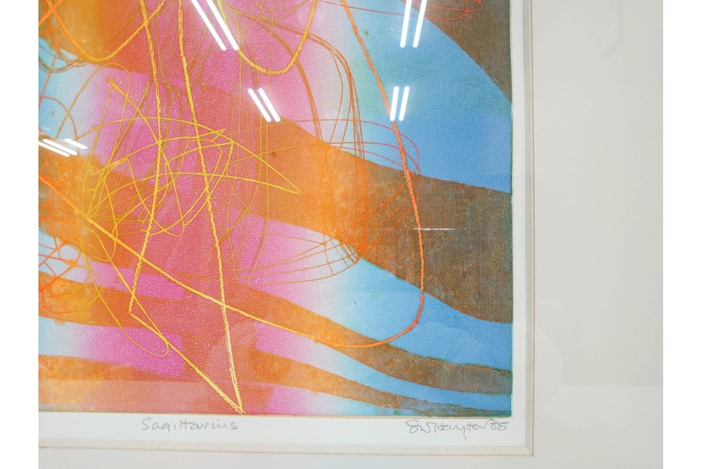 真作　サイン入り　1985年作　スタンリー・ウィリアム・ヘイター(Stanley William Hayter)　7/50　「Sagittarius(サジタリウス)」　鮮やかな色面と躍動的な線描が印象的な銅版画　外箱付き　(R-084971)