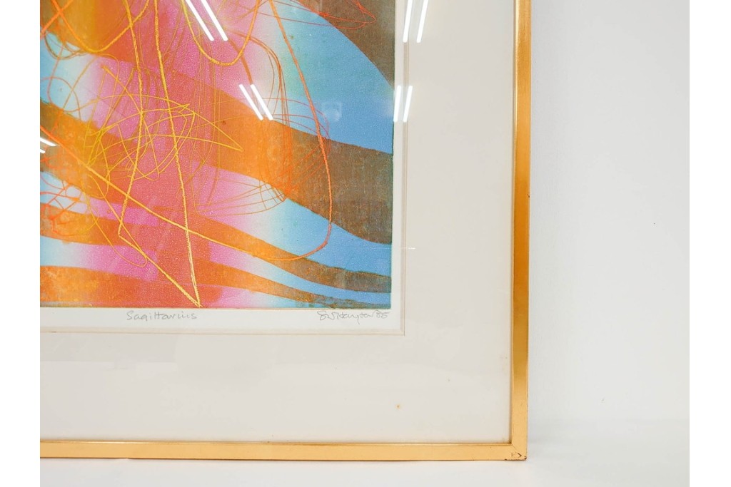 真作　サイン入り　1985年作　スタンリー・ウィリアム・ヘイター(Stanley William Hayter)　7/50　「Sagittarius(サジタリウス)」　鮮やかな色面と躍動的な線描が印象的な銅版画　外箱付き　(R-084971)