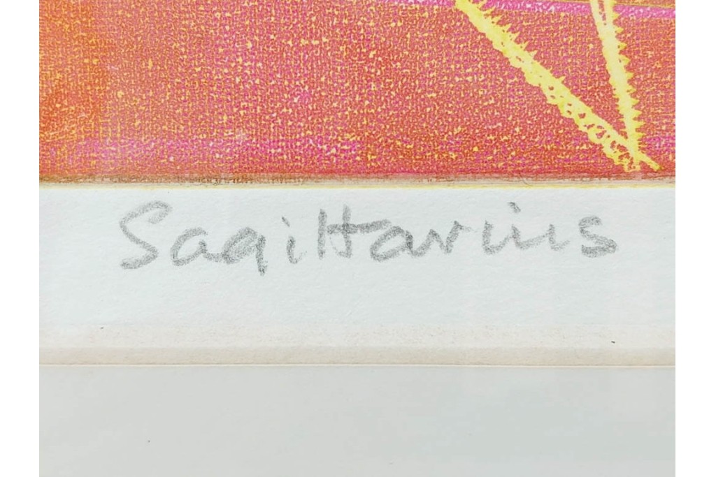 真作　サイン入り　1985年作　スタンリー・ウィリアム・ヘイター(Stanley William Hayter)　7/50　「Sagittarius(サジタリウス)」　鮮やかな色面と躍動的な線描が印象的な銅版画　外箱付き　(R-084971)