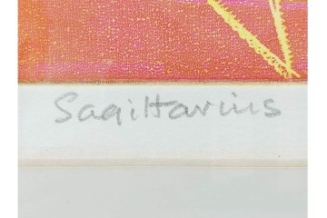 真作　サイン入り　1985年作　スタンリー・ウィリアム・ヘイター(Stanley William Hayter)　7/50　「Sagittarius(サジタリウス)」　鮮やかな色面と躍動的な線描が印象的な銅版画　外箱付き　(R-084971)