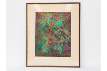 真作　サイン入り　1962年作　スタンリー・ウィリアム・ヘイター(Stanley William Hayter)　44/50　「Tropic Stream(トロピック・ストリーム)」　緑と褐色の色面に流動的な線描が重なり合う銅版画　外箱付き　(R-084972)　