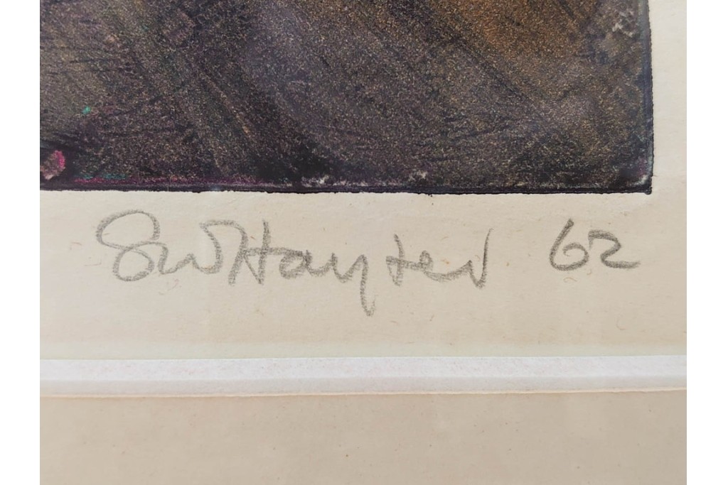 真作　サイン入り　1962年作　スタンリー・ウィリアム・ヘイター(Stanley William Hayter)　44/50　「Tropic Stream(トロピック・ストリーム)」　緑と褐色の色面に流動的な線描が重なり合う銅版画　外箱付き　(R-084972)　