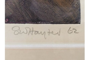 真作　サイン入り　1962年作　スタンリー・ウィリアム・ヘイター(Stanley William Hayter)　44/50　「Tropic Stream(トロピック・ストリーム)」　緑と褐色の色面に流動的な線描が重なり合う銅版画　外箱付き　(R-084972)　