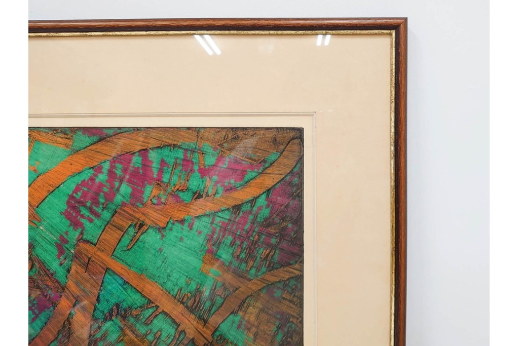 真作　サイン入り　1962年作　スタンリー・ウィリアム・ヘイター(Stanley William Hayter)　44/50　「Tropic Stream(トロピック・ストリーム)」　緑と褐色の色面に流動的な線描が重なり合う銅版画　外箱付き　(R-084972)　