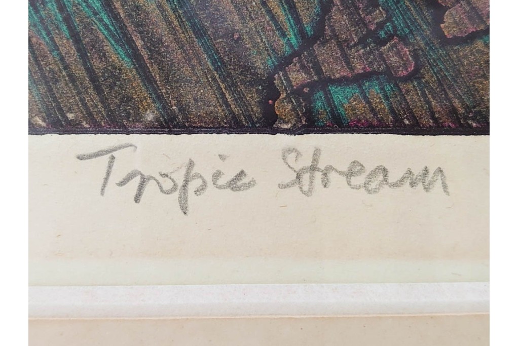 真作　サイン入り　1962年作　スタンリー・ウィリアム・ヘイター(Stanley William Hayter)　44/50　「Tropic Stream(トロピック・ストリーム)」　緑と褐色の色面に流動的な線描が重なり合う銅版画　外箱付き　(R-084972)　
