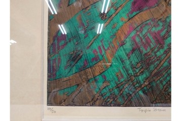 真作　サイン入り　1962年作　スタンリー・ウィリアム・ヘイター(Stanley William Hayter)　44/50　「Tropic Stream(トロピック・ストリーム)」　緑と褐色の色面に流動的な線描が重なり合う銅版画　外箱付き　(R-084972)　