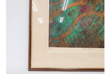 真作　サイン入り　1962年作　スタンリー・ウィリアム・ヘイター(Stanley William Hayter)　44/50　「Tropic Stream(トロピック・ストリーム)」　緑と褐色の色面に流動的な線描が重なり合う銅版画　外箱付き　(R-084972)　