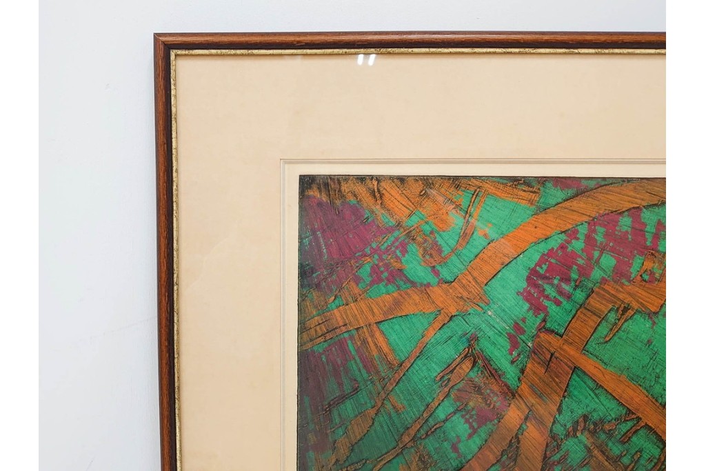 真作　サイン入り　1962年作　スタンリー・ウィリアム・ヘイター(Stanley William Hayter)　44/50　「Tropic Stream(トロピック・ストリーム)」　緑と褐色の色面に流動的な線描が重なり合う銅版画　外箱付き　(R-084972)　