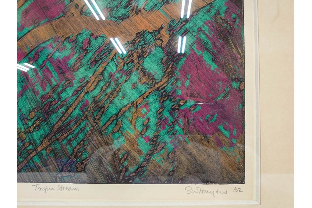 真作　サイン入り　1962年作　スタンリー・ウィリアム・ヘイター(Stanley William Hayter)　44/50　「Tropic Stream(トロピック・ストリーム)」　緑と褐色の色面に流動的な線描が重なり合う銅版画　外箱付き　(R-084972)　