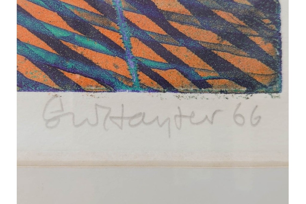 真作　サイン入り　1966年作　スタンリー・ウィリアム・ヘイター(Stanley William Hayter)　48/50　「Magnetic Field(マグネティック・フィールド)」　磁場のうねりを思わせる反復する線と色面が印象的な銅版画　外箱付き　(R-084974)