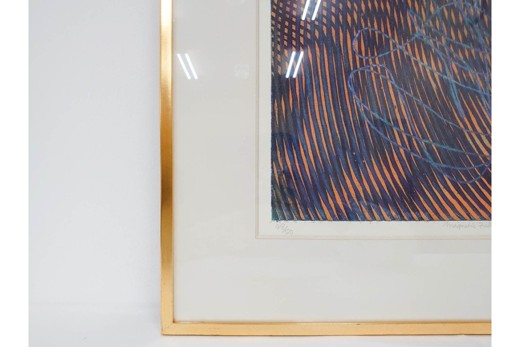 真作　サイン入り　1966年作　スタンリー・ウィリアム・ヘイター(Stanley William Hayter)　48/50　「Magnetic Field(マグネティック・フィールド)」　磁場のうねりを思わせる反復する線と色面が印象的な銅版画　外箱付き　(R-084974)