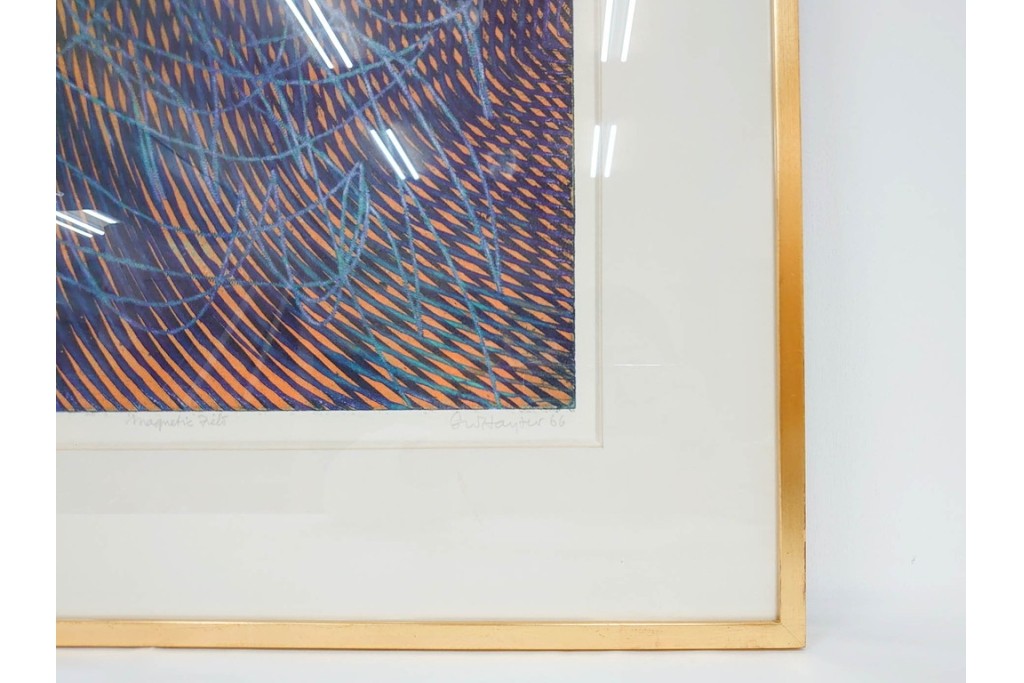 真作　サイン入り　1966年作　スタンリー・ウィリアム・ヘイター(Stanley William Hayter)　48/50　「Magnetic Field(マグネティック・フィールド)」　磁場のうねりを思わせる反復する線と色面が印象的な銅版画　外箱付き　(R-084974)