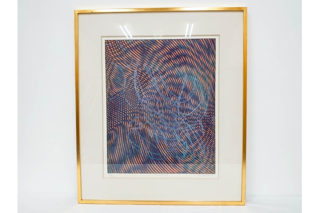 真作　サイン入り　1966年作　スタンリー・ウィリアム・ヘイター(Stanley William Hayter)　48/50　「Magnetic Field(マグネティック・フィールド)」　磁場のうねりを思わせる反復する線と色面が印象的な銅版画　外箱付き　(R-084974)