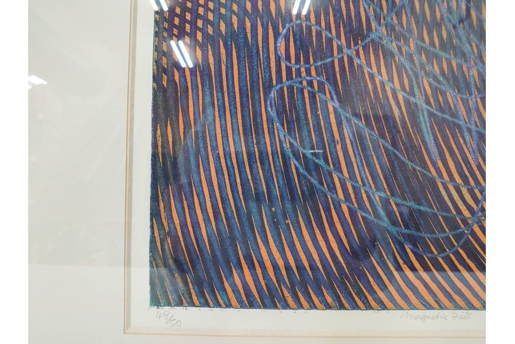 真作　サイン入り　1966年作　スタンリー・ウィリアム・ヘイター(Stanley William Hayter)　48/50　「Magnetic Field(マグネティック・フィールド)」　磁場のうねりを思わせる反復する線と色面が印象的な銅版画　外箱付き　(R-084974)