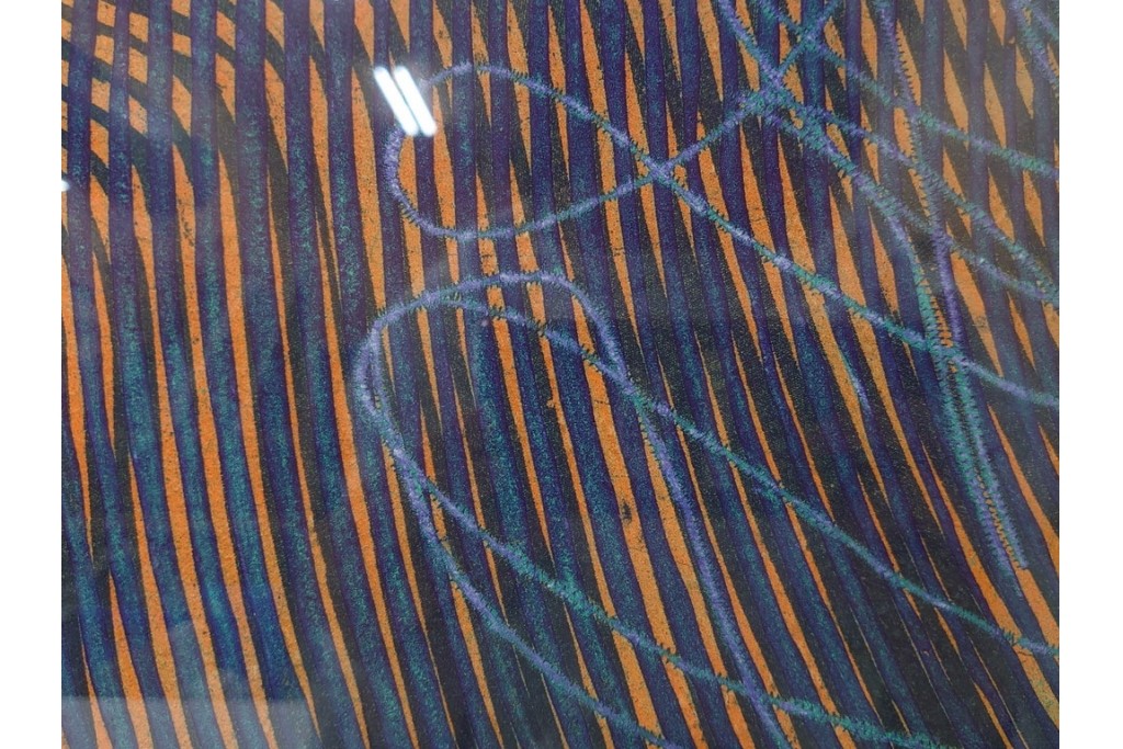 真作　サイン入り　1966年作　スタンリー・ウィリアム・ヘイター(Stanley William Hayter)　48/50　「Magnetic Field(マグネティック・フィールド)」　磁場のうねりを思わせる反復する線と色面が印象的な銅版画　外箱付き　(R-084974)