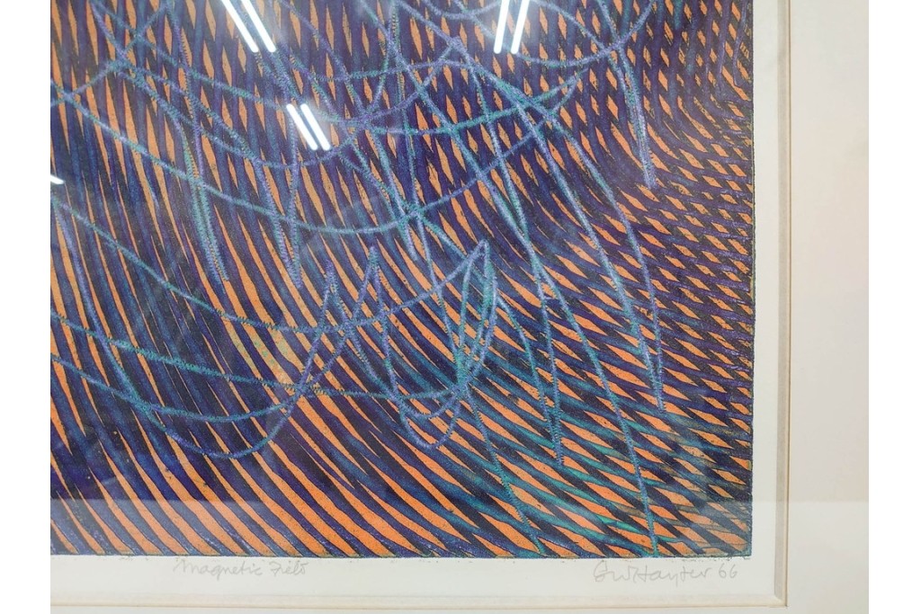 真作　サイン入り　1966年作　スタンリー・ウィリアム・ヘイター(Stanley William Hayter)　48/50　「Magnetic Field(マグネティック・フィールド)」　磁場のうねりを思わせる反復する線と色面が印象的な銅版画　外箱付き　(R-084974)
