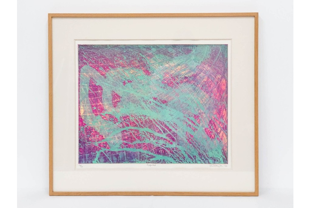 真作　サイン入り　1964年作　スタンリー・ウィリアム・ヘイター(Stanley William Hayter)　16/50　「Rapides(急流)」　穏やかな色彩の重なりが空間に彩りを添える銅版画　外箱付き　(R-084975)