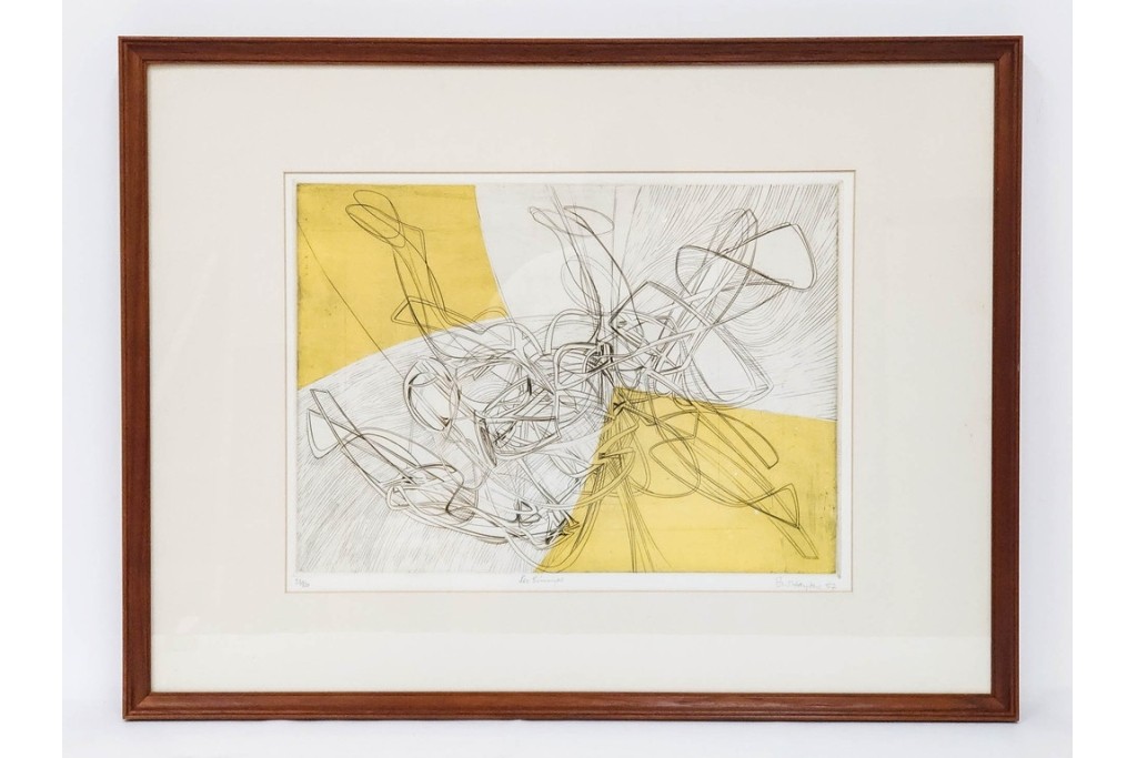 真作　サイン入り　1957年作　スタンリー・ウィリアム・ヘイター(Stanley William Hayter)　31/50　「Les Erinnyes(エリニュスの女神たち)」　鋭い線の重なりが印象的な銅版画　外箱付き　(R-084976)