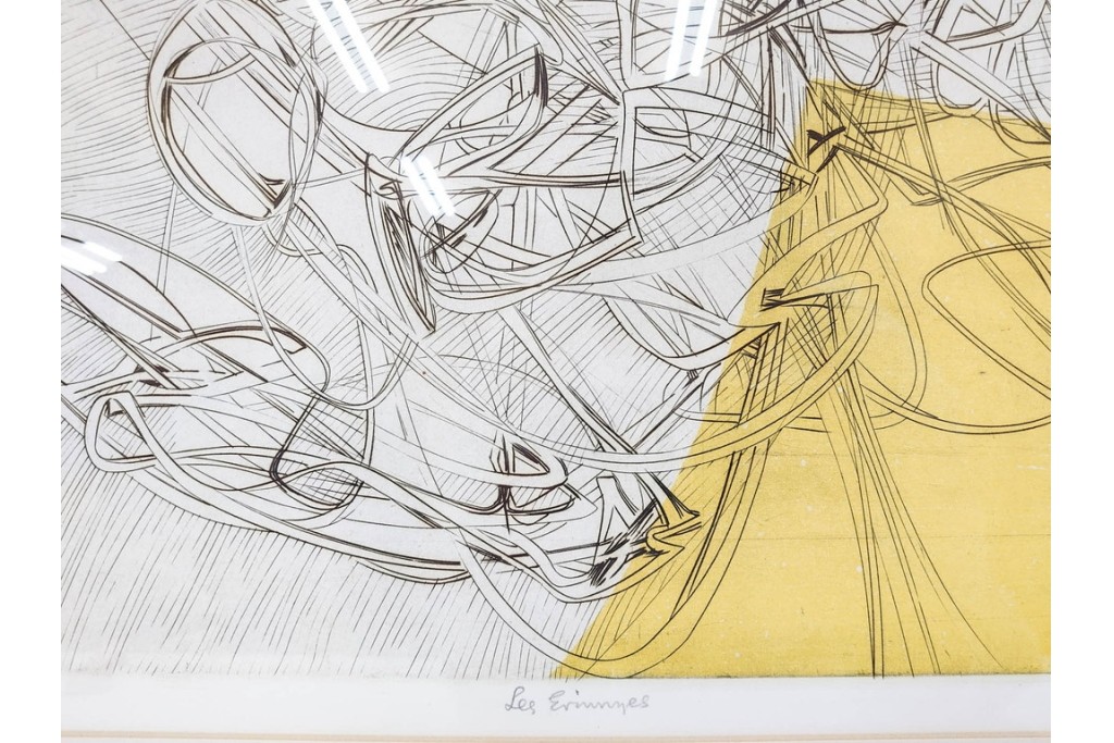 真作　サイン入り　1957年作　スタンリー・ウィリアム・ヘイター(Stanley William Hayter)　31/50　「Les Erinnyes(エリニュスの女神たち)」　鋭い線の重なりが印象的な銅版画　外箱付き　(R-084976)