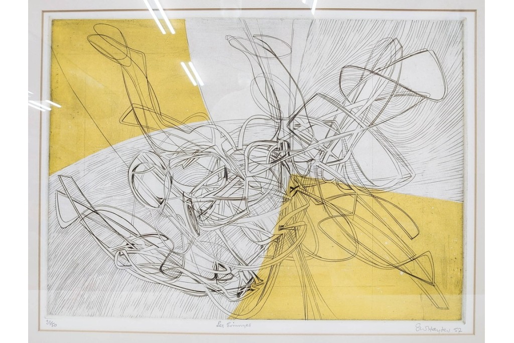 真作　サイン入り　1957年作　スタンリー・ウィリアム・ヘイター(Stanley William Hayter)　31/50　「Les Erinnyes(エリニュスの女神たち)」　鋭い線の重なりが印象的な銅版画　外箱付き　(R-084976)